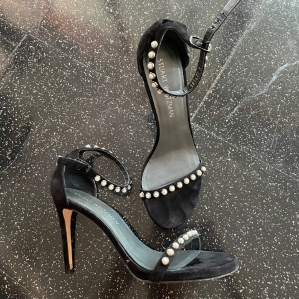 Stewart Weitzman Black Suede Heels with Pearl Embellishment - Size 7.5 / 8